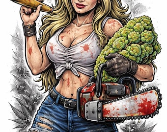 Camiseta Stoner Slasher Girl | Camiseta de Terror com Estampa de Maconha | Camiseta com Estampa de Cannabis