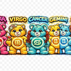 Op de afbeelding: Een kleurrijke illustratie met zes cartoonberen die sterrenbeelden vertegenwoordigen: Weegschaal, Maagd, Kreeft, Tweelingen en Leeuw. Elke beer heeft een andere kleur en houdt een symbool van zijn sterrenbeeld vast. De naam van het teken staat erboven.