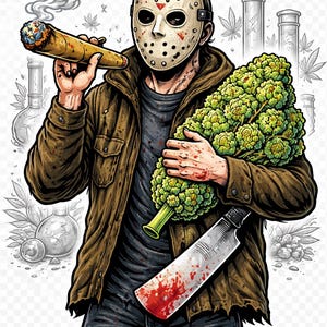 Peut inclure: Illustration de personnage portant un masque de hockey, tenant un gros bud de cannabis et un joint allumé. Le personnage tient également une machette ensanglantée. Veste marron, jean noir.