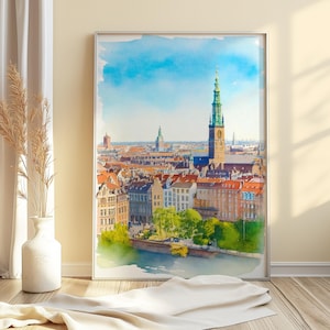 Stampa artistica dello skyline dell'acquerello di Copenhagen \ Poster del paesaggio urbano danese / Poster di carta semi-lucida premium