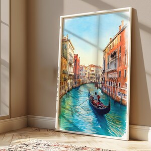 Stampa artistica di gondola sul canale di Venezia / Paesaggio italiano ad acquerello / Poster su carta semi-lucida di alta qualità