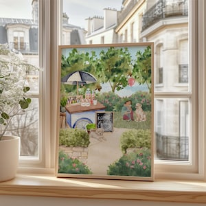 Park Coffee Cart aquarel kunst - Golden Retriever tuin print - hondenliefhebbers muur decor - lente park illustratie - zomer picknick print