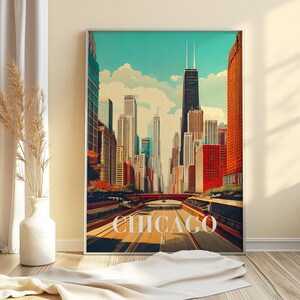 Stampa artistica vintage dello skyline di Chicago / Poster di paesaggio urbano retrò / Poster di carta semi-lucida di alta qualità