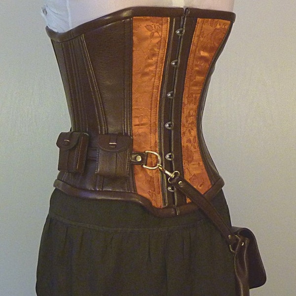 Custom Steampunk utility corset, copper brocade, Neo Victorian steel boning coutil