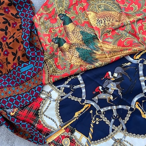 Vintage Silk Scarf Lot - Givenchy Designer Scarf + Birds Print + Equestrian Polo - Set of 3 Hand Rolled Scarves - Vintage Exclusive Gifts