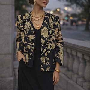 90s Vintage Black Gold Silk Jacquard Jacket Floral Brocade Evening Blazer Size L