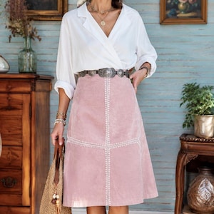 Vintage Pink Suede Midi Skirt Boho Leather Patchwork Lace Up Detail L