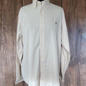Vintage 90s Ralph Lauren Oxford Shirt Men Cotton Beige Pony Logo Button Down Size M