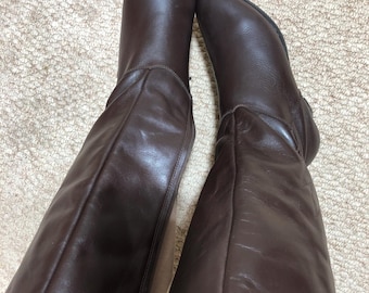 Vintage Finnish brown leather boots women’s size 37 | Retro mid-calf boots with low heel | Warm lined winter leather boots 1980s