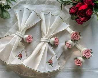 Vintage 80s Porcelain Rose Napkin Rings Set Of 6 / Floral Table Decor / Gift Mothers Day