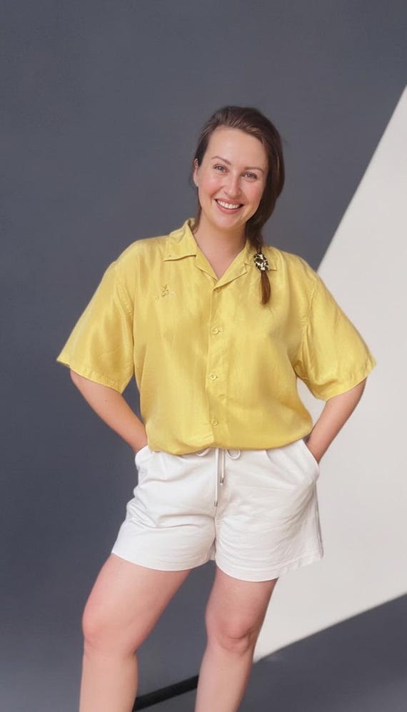 90s Silk Oversized Blouse Mustard Yellow Beaded Button Up Summer Shirt Minimalist L XL