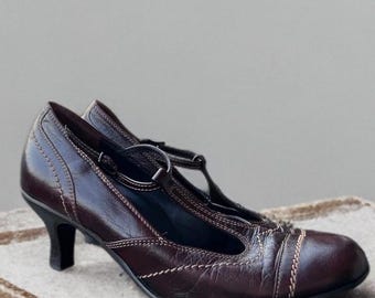 Vintage Paul Green Mary Jane Heels Brown Leather Handmade Shoes Classic Low Heel Pumps