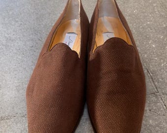 Mocassins vintage de camurça marrom, tamanho 38 feminino – modelo clássico italiano, estilo slip-on, anos 80/90.