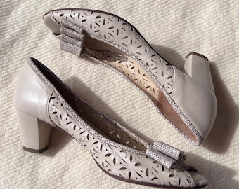 Vintage Italian Leather Summer Heels Perforated Office Shoes Beige Pumps Size 37 Women