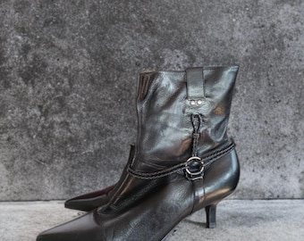 Vintage 90s Black Leather Ankle Boots Pointed Toe Kitten Heel Size 39 Women Shoes