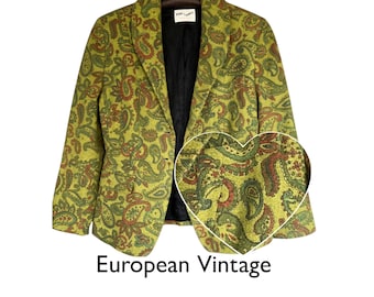 80s Vintage Green Wool Autumn Blazer Women Retro Paisley Jacket Coat Size M