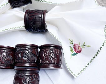 Vintage Hand Carved Wooden Napkin Rings African Safari Table Decor Set