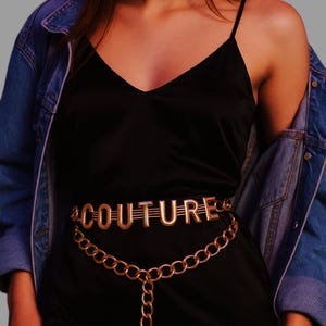 Y2K Gold Chain Belt, Juicy Couture Style, Vintage Hip Hop Glam Belt, 2000s Statement Accessory, COUTURE Letter Belt