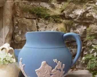 Vintage 70s Blue Jasperware Milk Jug Relief / Ceramic Kitchen Decor Gift for Her