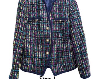80s Vintage Blue Green Boucle Tweed Blazer / Elegant Office College Style Wool Blend Jacket size M L