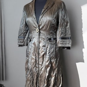 Vintage 90s Dark Academia Gothic Brown Crinkle Jacket Floral Button Midi Coat SIze S