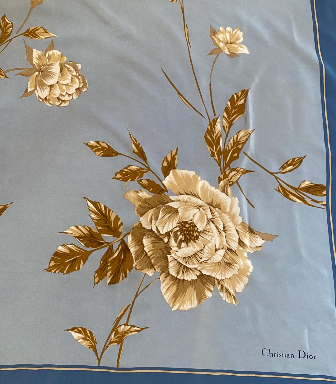 1970s Marc Bohan for Christian Dior Blue & Black Silk Chiffon Scarf