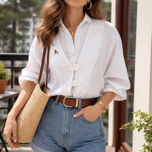 Vintage White Polka Dot Shirt Cotton Oversized Blouse Embroidered Pocket Unique Vest Style Top