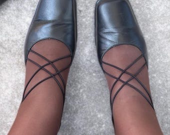 90s Fransi Copenhagen Black Leather Heels Strappy Square Toe Pumps