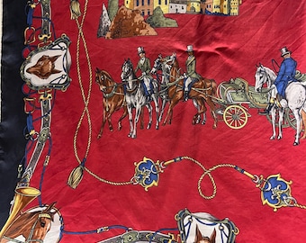 Bufanda cuadrada de seda roja vintage con estampado ecuestre, accesorio elegante y regalo para ella.