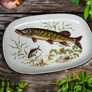 Puede incluir: Plato ovalado blanco con una ilustración detallada de un pez, un pez más pequeño y plantas acuáticas. El pez es marrón y verde con aletas rojas. El plato tiene un borde decorativo.