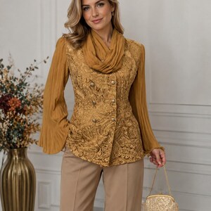 Vintage French Boutique Jacquard Jacket Sheer Sleeves Attached Scarf Fitted Blazer Theatre Chic Size S