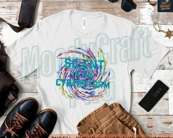 May include: A white t-shirt with a colorful swirl design and the text "Silent in the Cyberstorm".