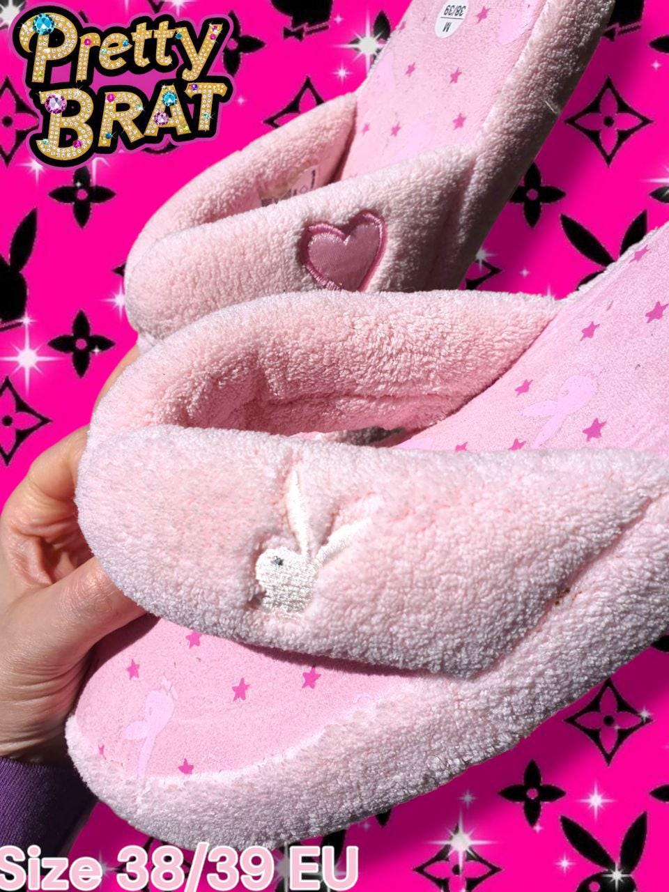 Playboy Logo Bunny Plush Slippers Playboy Bunny Soft Slippers Sz S 5-6 Fuzzy Clog Memory Foam  main image 3
