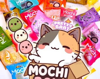 May include: A colorful assortment of mochi treats in various flavors, including chocolate chip, raspberry, and salted caramel. The image features a cartoon cat in a box labeled "Mochi Box."