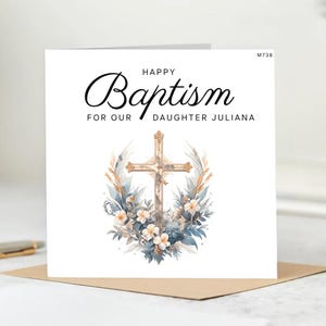 Carte florale personnalisée de baptême croisé pour fille-souvenir chrétien personnalisé-carte pour petite fille, filleule, carte de nouveau-né.