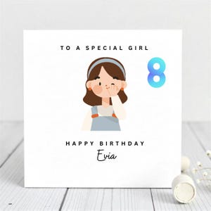 Personalize 8th Birthday Card For Girl-Cute Cartoon Girl Design- To A Special Girl- Custom Name Birthday Card-For Daughter, Niece.