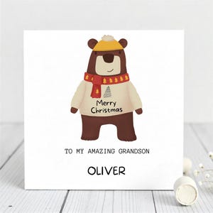 Carte de Noël pour petit-fils - Ours mignon avec chapeau et écharpe - Carte de voeux de Noël personnalisée pour les enfants - Joyeux Noël pour petit-fils, famille