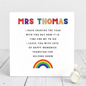 Carte de remerciement personnalisée pour professeur-Poème arc-en-ciel de fin d'année-Carte de visite personnalisée pour enseignant-Carte d'un élève-Merci Mme Thomas.