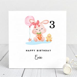 Carte personnalisée pour le 3e anniversaire d'une fille, avec un ballon lapin, une jolie carte pour fille, nièce ou petite-fille. Carte de joyeux anniversaire.