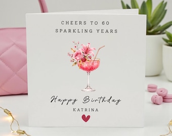Cartão de aniversário personalizado de 60 anos, Um brinde a 60 anos brilhantes, Cartão de aniversário personalizado com nome, Cartão floral com tema de coquetel, Presente de aniversário, 60º aniversário