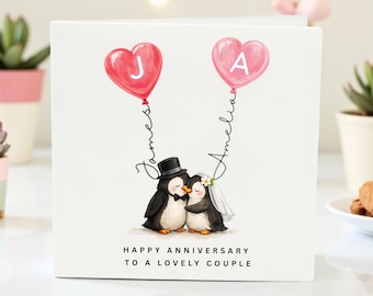 Gepersonaliseerde pinguïn-verjaardagskaart met aangepaste namen en initialen, aquarel huwelijkscadeau voor stel, handgemaakte liefdeskaart