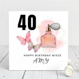 Élégante carte pour 40e anniversaire de nièce - personnalisée avec nom et parfum - thème papillon rose - 40e anniversaire de nièce.