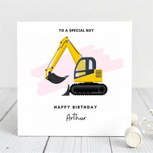 Personalized Digger birthday Card For Boy-Yellow Excavator Design - Happy Birthday Arthur- Special Construction Love Card