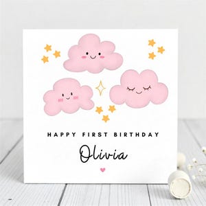 Carte de 1er anniversaire personnalisée pour fille - Mignon nuage rose - Carte d'anniversaire de bébé avec prénom personnalisé pour fille, petite-fille, nièce.