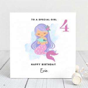 Carte des 4 ans - Carte d'anniversaire personnalisée avec sirène pour fille de 4 ans - Carte de visite personnalisée avec un joli motif de sirène