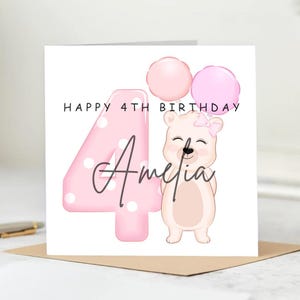 Biglietto di auguri per il 4° compleanno di una bambina, biglietto di auguri personalizzato, biglietto di auguri per una figlia, biglietto di auguri con nome personalizzato, biglietto di auguri carino