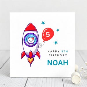 Cartão personalizado de 5º aniversário para criança, filho, neto, sobrinho - Cartão com tema de foguete espacial - Cartão de aniversário infantil.