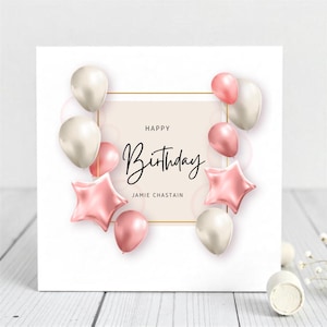 Cartão de aniversário personalizado com balões - Cartão de aniversário com nome personalizado - Design elegante de balões rosa e branco para ela, amiga, irmã, mãe.