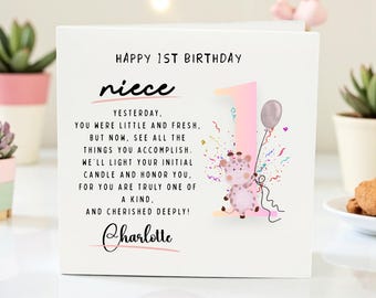Personalized 1st Birthday Card – Gift for Niece, Daughter, Granddaughter, Toddler Girl