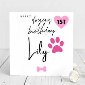 Personalisierte Hunde Geburtstagskarte-1 Geburtstag Karte für Mädchen Pup-Pink Paw Und Herz Design-Custom Haustier Karte für Hündchen namens Lilly-Karte für Haustier.